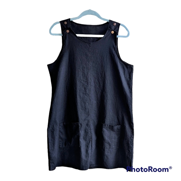 Black Linen Dress Sleeveless Tank Mini Beach Swim Cover Pockets Adjustable Strap - Picture 2 of 6